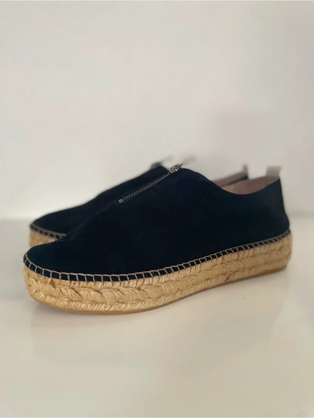 Eric Michael Black Suede Espadrille Platform Slip-On with Top Zip Size 38/7.5